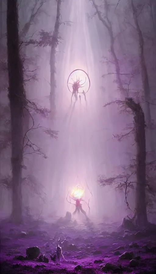 Prompt: Hyper realistic oil painting of a future sci-fi ancient god on the middle of a purple forest holding a portal that's about to explode, fog, volumetric lighting, nighttime, moonlight, insane, creepy, by Greg Rutkowski