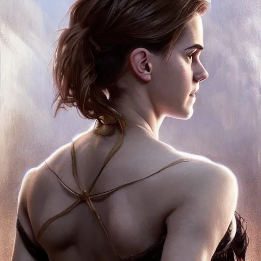 Prompt: portrait painting of a muscular emma watson, tattooed back, ultra realistic, concept art, intricate details, eerie, highly detailed, photorealistic, octane render, 8 k, unreal engine. art by artgerm and greg rutkowski and alphonse mucha