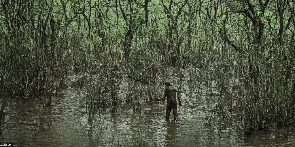 Image similar to A monster walking alongside a channel of water in a dense swamp, Kodachrome color film, grainy, film grain