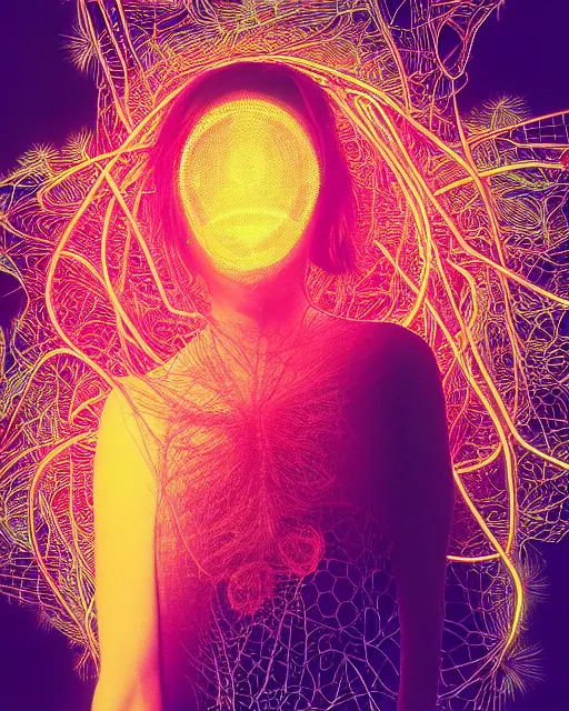 Prompt: portrait of girl having an orgasm eyes close, colorized neon lights, explosion of light, hyperealistic detailed photography polaroid, 5 0 mm lens, motion blur, grainy image, hexagonal mesh fine wire, 6 sinuous fine roots, alexander mcqueen, art nouveau fashion embroidered, steampunk, mandelbrot fractal, visible nervous system