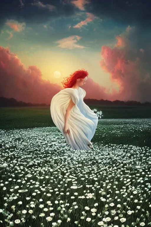 Image similar to giant white daisy flower as head, veiled girl dancing in a flower field, surreal photography, sunrise, dramatic light, impressionist painting, colorful clouds, digital painting, artstation, simon stalenhag