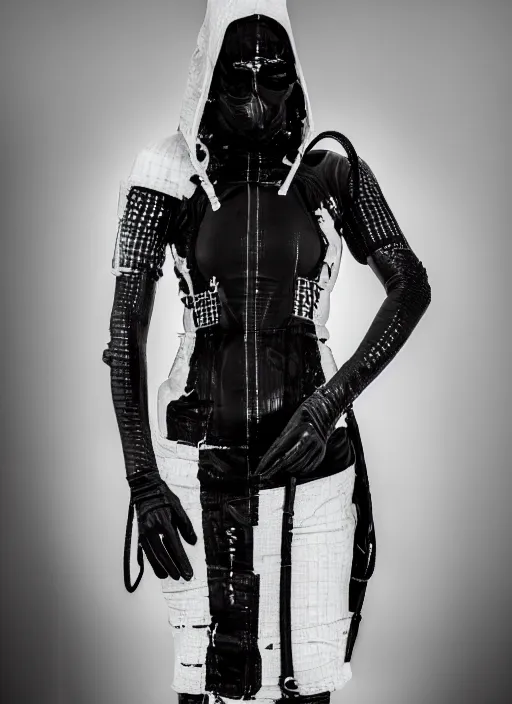 Prompt: found footage still of ASYMMETRICAL black and white gradient isolation-hood, cybergoth style, STRAITJACKET straps and industrial hardware, inspired by CRYOTHERAPY, designed by ann demeulemeester and nancy grossman, 8k, hyperrealistic, highly textured, dark volumetric lighting, desaturated