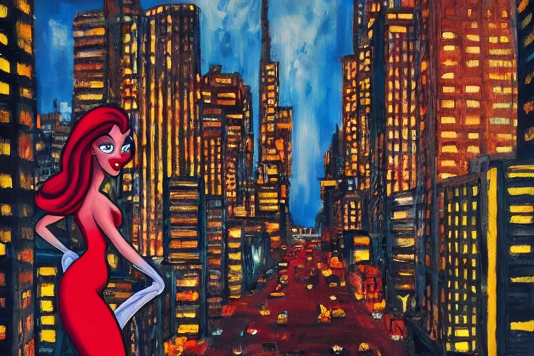 Image similar to Jessica Rabbit looking at the city. Cinematic. Intricately detailed acrylic painting