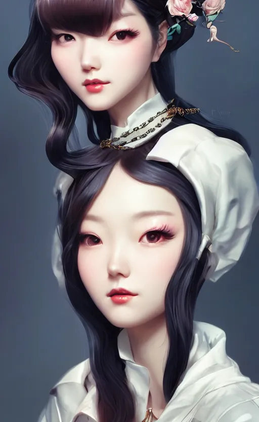 Image similar to a pin up and beautiful fashion charming dreamlke korea girl with lv jewelry, character art, art by artgerm lau and kyoung hwan kim and and ilya kuvshinov and john singer sargent, hyperdetailed, 8 k realistic, symmetrical, frostbite 3 engine, cryengine, dof, trending on artstation, digital art