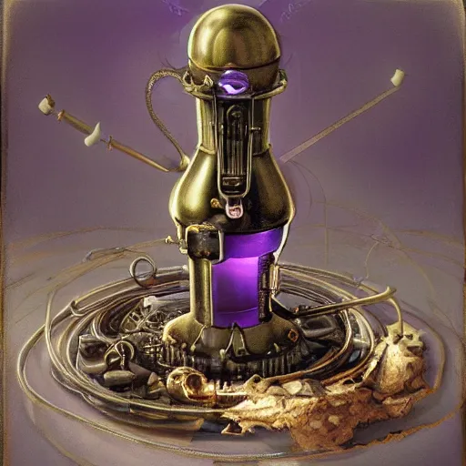 Prompt: a steampunk painting of a vintage purple potion bottle, lit by a single ray of sunlight on a table in a dark dusty vintage science lab, by h. r. giger, hyperrealistic fantasy art, concept matte, ethereal, dreamy, digital art, trending on artstation, volumetric cinematic lighting