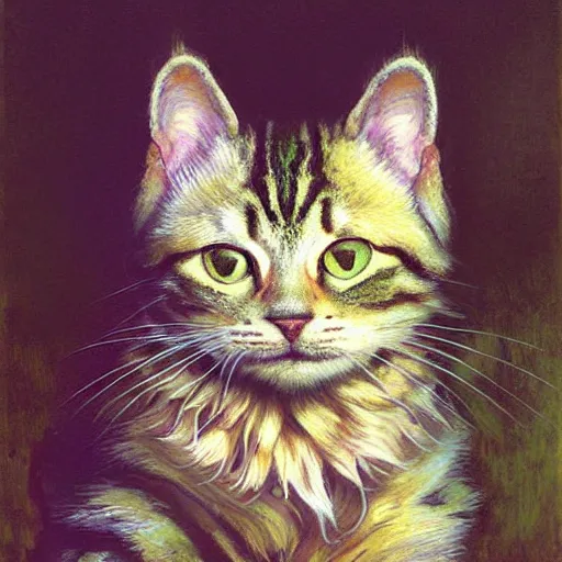 Prompt: a portrait of a humanoid fluffy tabby cat feline with green human eyes wearing a jumpsuit. shadowrun cyberpunk fantasy highly detailed painting by gaston bussiere craig mullins jc leyendecker gustav klimt artgerm greg rutkowski john berkey, bergey, craig mullins, ruan jia, raymond swanland, jeremy mann, tom lovell, alex malveda