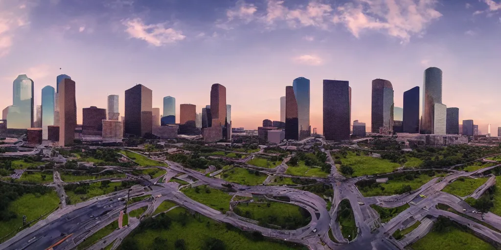 Prompt: panorama of houston texas in the future, sci - fi buildings and technologies, nature is lush and has been restored, birds are flying, realistic, beautiful, landscape, octane render, 8 k, peaceful, cinematic lighting, extremely detailed, hd, unreal