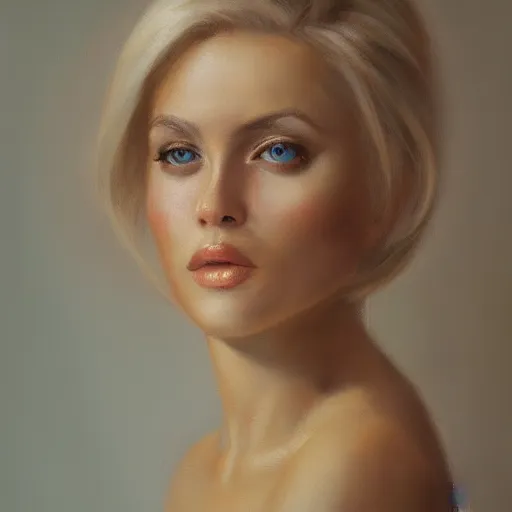 Image similar to a portrait of a blonde woman with strong features, dramatic lighting, oil painting, pale colors, high detail, 8 k, wide angle, trending on artstation,