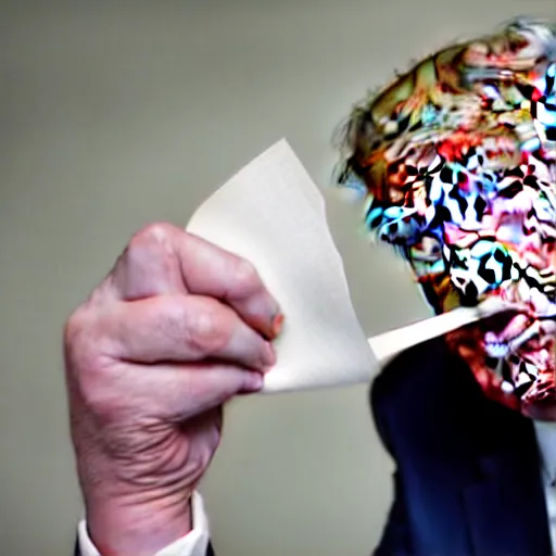 Image similar to candid portrait photo of president trump shoving a wad of paper into his mouth, eating stacks of paper, detailed portrait, 4 k, megapixel, sony a 7 s, f / 8, 2 4 mm lens, ap photo