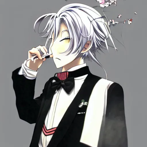 Prompt: illustration of anime girl smoking, black hair, wearing a tuxedo, made by Yoshitaka Amano