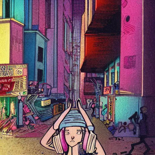 Prompt: young slender girl with headphones in densely packed city street, multicolored, Ralph Bakshi