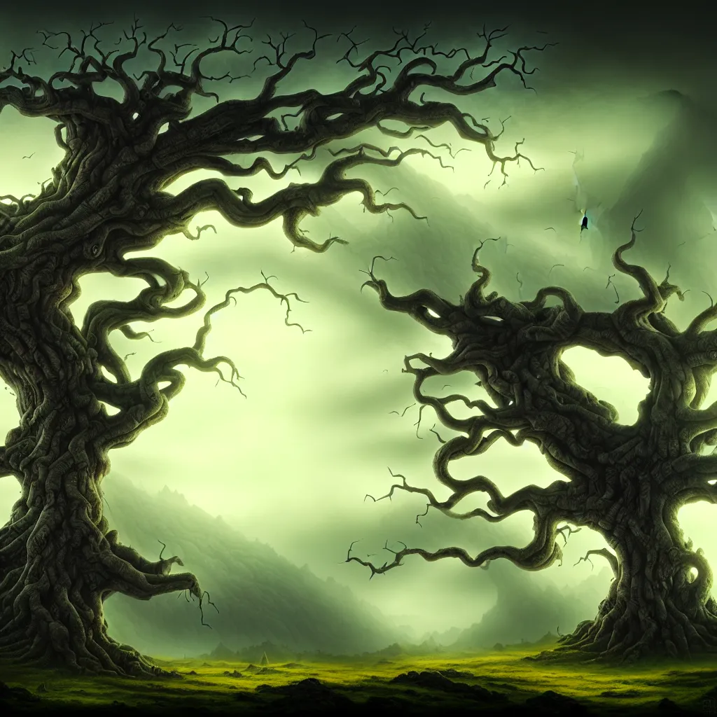 Prompt: evil ancient tree, on a hill, a detailed matte painting, fantasy, foggy