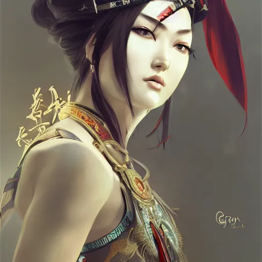 Image similar to ancient dynasty princess, dynasty warriors, cute face, 8 k beautiful, elegant, grafity, c 4 d, digital painting, smooth, concept art, in style of yoji shinkawa, pan ren wei, col price, atey ghailan, by greg rutkowski, aesthetic