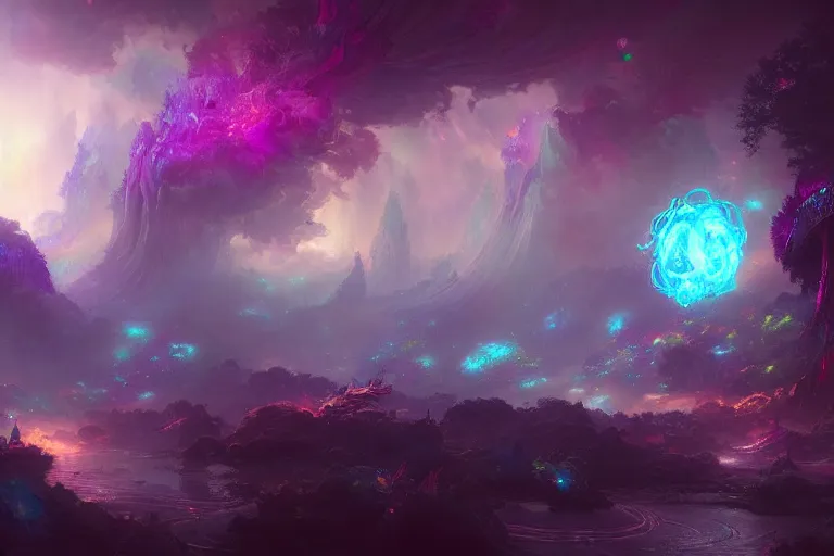 Image similar to a psychedelic realm at the edge of the known universe, astral beings sharing love, in the style of greg rutkowski and wlop and lisa frank and bob ross and ruan jia, illustration, epic, fantasy, hyper detailed, smooth, unreal engine, sharp focus, ray tracing