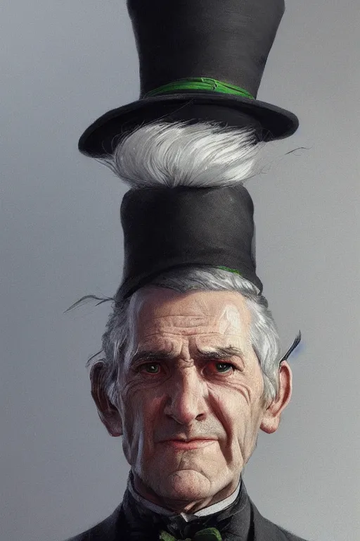 Image similar to a grey hair old halfling with no beard and green eyes wearing a black top hat and suit by Greg Rutkowski, painting, portrait, HD, high details, trending on artstation