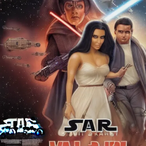 Image similar to super detailed star wars movie poster with ben shapiro, snooki and kim kardashian, 8k full HD photo, cinematic lighting, anatomically correct, oscar award winning, action filled, correct eye placement,