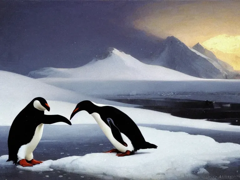 Image similar to an oil painting of a penguin playing in pure white snow on a misty glacier at dusk. aurora. by tuomas korpi moebius and carl spitzweg. baroque elements. intricate artwork by caravaggio. oil painting. oil on canvas. award winning. dramatic. trending on artstation. 8 k