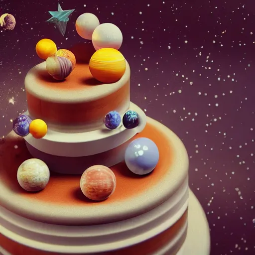 Image similar to Realistic cake with planets and stars on it, behance, artstation, unreal render, unreal engine 5, octane, intricate, 100mm, photorealistic, hyper realism, high detail, smooth, sharp focus, bokeh, 8k, movie shot, cinematic perspective, studio shot