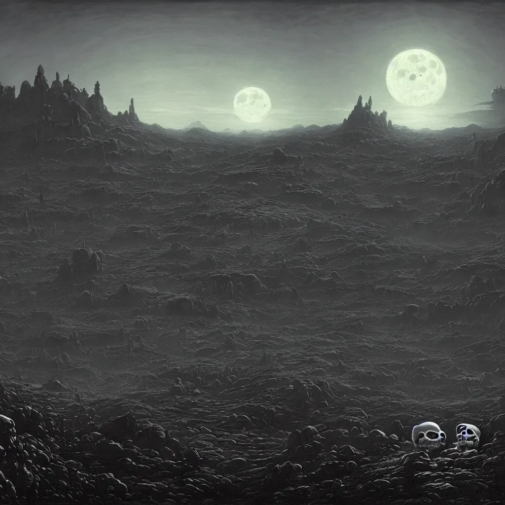 Image similar to a surreal and awe - inspiring science fiction landscape, moon in the sky looks like a skull, intricate, elegant, highly detailed matte painting by george bellows and simon stalenhag