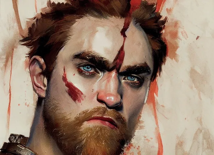 Image similar to a highly detailed beautiful portrait of robert pattison as kratos, by gregory manchess, james gurney, james jean