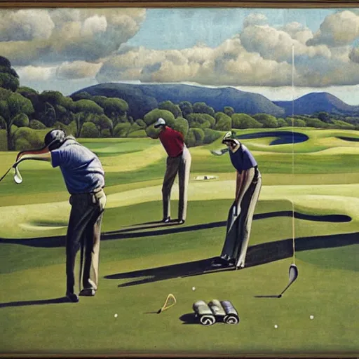 Image similar to Three golfers on a beautiful golf course driving range, by Diego Rivera