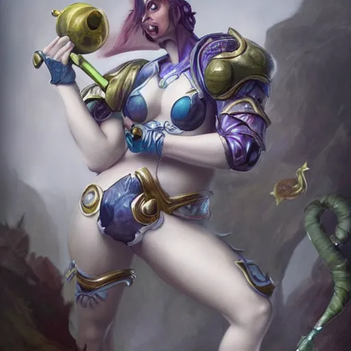 Prompt: highly detailed photograph of fizz from league of legends, with his staff, realistic, extremely detailed, aesthetic, masterpiece, by roberto ferri, high quality