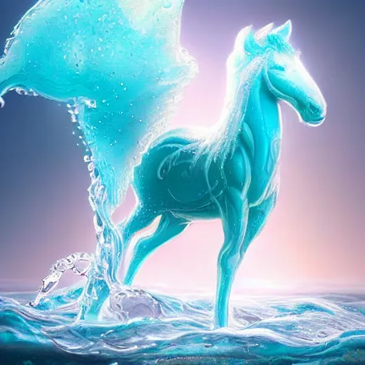 Image similar to a fantastical transparent small turquoise spirit horse made of water and foam and algae and ice, splashing water, wave, translucent, ethereal, noble, radiant, hyperalism, scottish folklore, digital painting, artstation, concept art, smooth, 8 k frostbite 3 engine, ultra detailed, art by artgerm and greg rutkowski and magali villeneuve