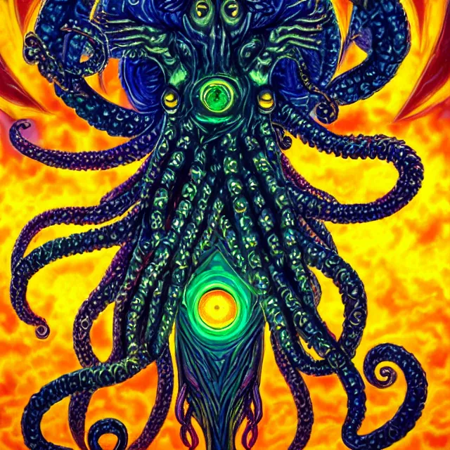 Image similar to angelic ophanim cthulhu mythos covered in eyes tentacles and golden light, oil painting award winning, chromatic aberration sharp colors