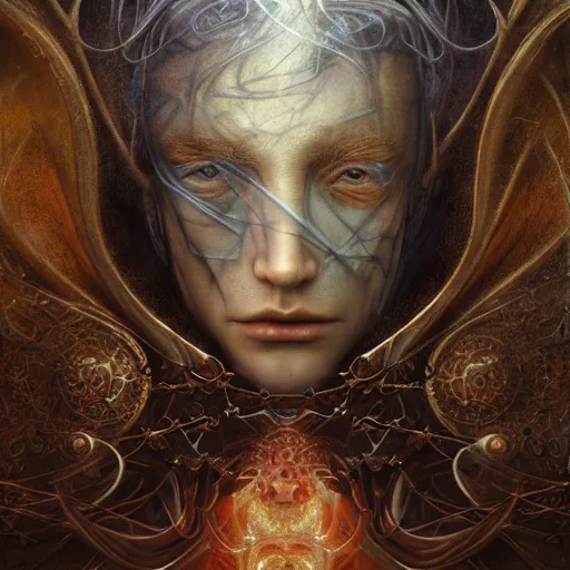 Image similar to Baroque Cyborg Merlin by Brian Froud, Alan Lee, Josh Kirby, Luis Royo, Alex Grey annd Agostino Arrivabene. beautiful strange detailed painting 8k resolution deviantart trending on Artstation concept art digital illustration psychedelic surrealism Unreal Engine ZBrush volumetric lighting