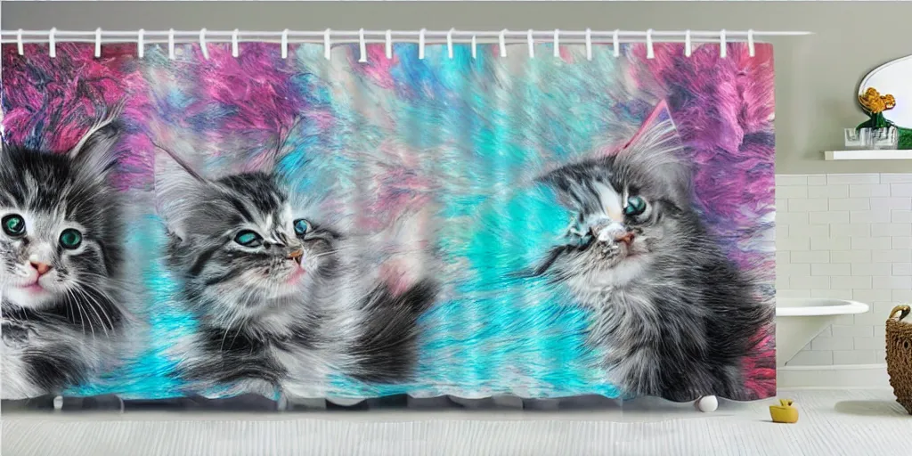 Prompt: a ( ( main coon kitten ) ) little mermaid themed shower curtain, shower curtain product photography. digital art. 4 k, highly detailed. saturated.