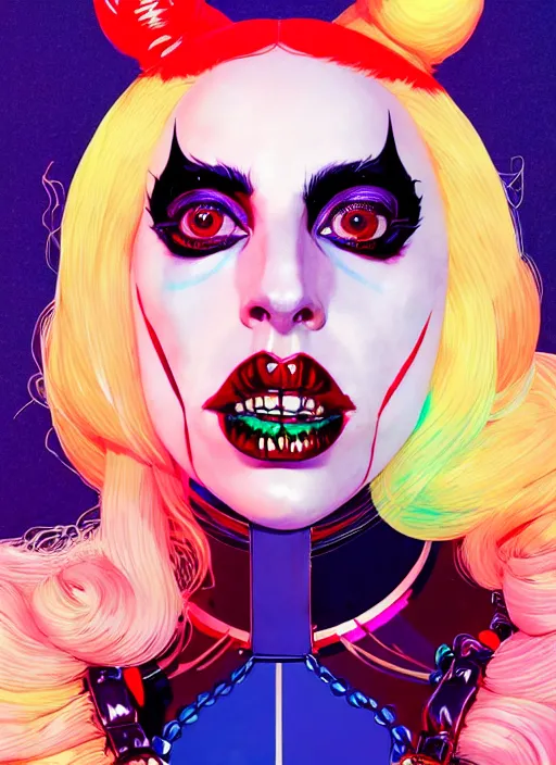 Prompt: portrait of lady gaga as harley quinn, artstation winner by victo ngai, kilian eng and by jake parker, by conrad roset, swirly vibrant color lines, winning award masterpiece, fantastically gaudy, aesthetic octane render, 8 k hd resolution