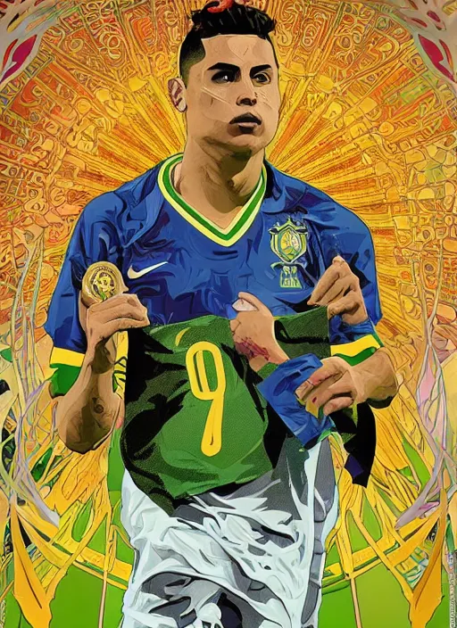 Prompt: fractal og ronaldo nazario r 9 short haircut wearing number nine 2 0 0 2 world cup brazil goal, surreal collage poster art jason shawn alphonse mucha james jean liam brazier victo ngai tristan eaton, yellow and green