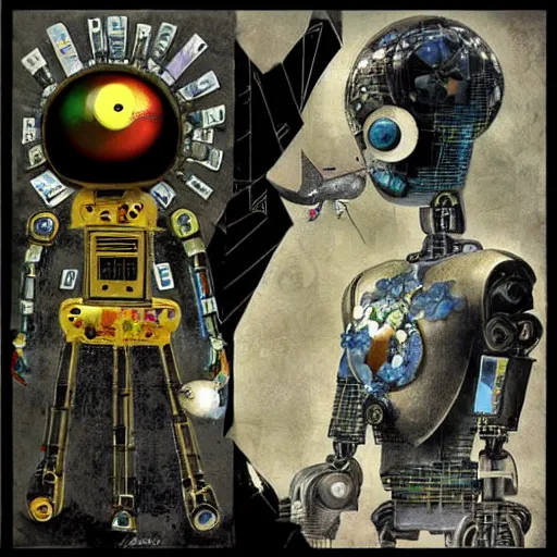 Image similar to a robot with a memory that survives the reset of the world, and a small robot bird on her shoulder, collage artwork by dave mckean and yoshitaka amano