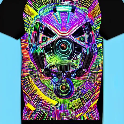 Prompt: photo of a black tshirt with a hyperdetailed trippy futuristic robot head, 8 k, symetrical, flourescent colors, multicolored tshirt art,