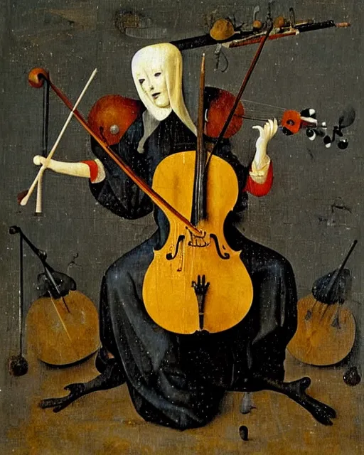 Image similar to a female cellist by Hieronymous Bosch
