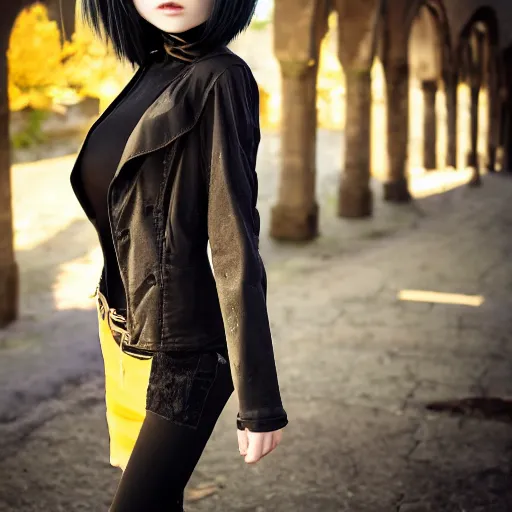 Image similar to 1 7 - year - old pale - skinned anime girl with black long bob cut, long bangs, black gothic jacket, black jeans, running through italian town, yellow sunshine, sepia sun, strong lighting, strong shadows, vivid hues, ultra - realistic, sharp details, subsurface scattering, intricate details, hd anime, 2 0 1 9 anime