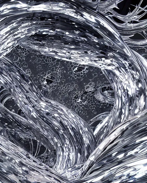 Image similar to organic white iridescent metal construction with fluid parts floating in the dark void hallucinating on psychedelics, creative VFX, no text, rendered with octane, hyper realistic, hyper detailed, surreal, futuristic, 8k