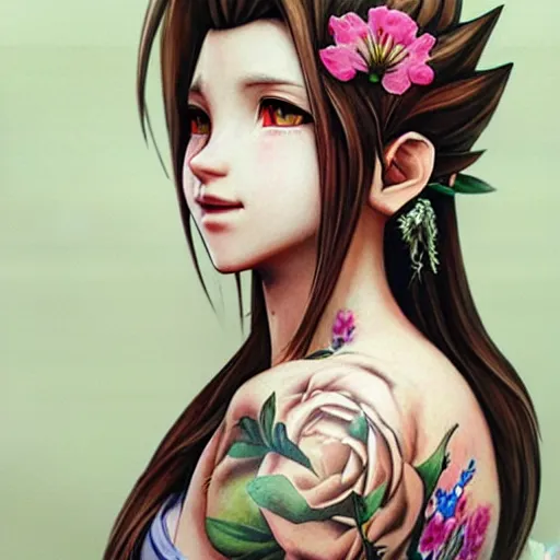 Image similar to concept art of aerith gainsborough with tattoos, amongst flowers, high quality, detailed, trending on artstartion