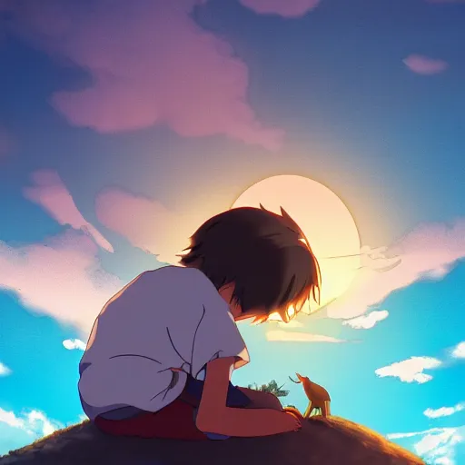 Prompt: Teenager boy and small creature, sunset sky, made by Studio Ghibli, accent lighting, front lit, highly detailed art, beautiful scene, sharp focus, smooth, 8k, anime art