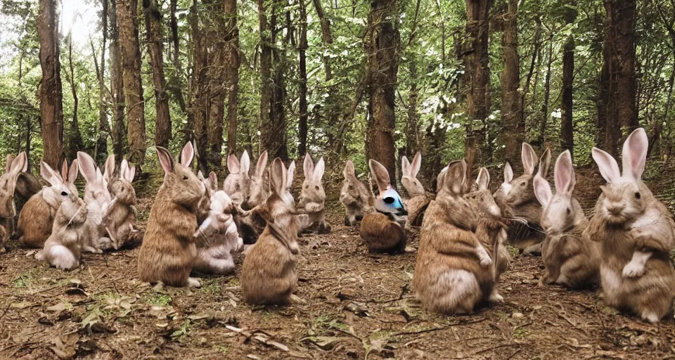 Prompt: shamanic ritual, A group of rabbits performing a shamanic ritual in a forest