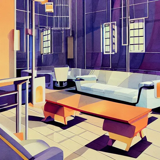 Image similar to a beautiful illustration of futuristic interior hall, lots of furniture, sofa, waiting room, big medium small, sacred geometry, golden ratio, in watercolor gouache detailed paintings, in style of syd mead, trending on artstation,8k, panel, hard surface, vent, zaha hadid