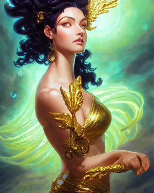 Prompt: portrait of a beautiful goddess with curly black hair and green eyes, crystalline gemstones and golden luxe, radiant halo of light, gilding, jesper ejsing, artgerm, photorealism, artstation