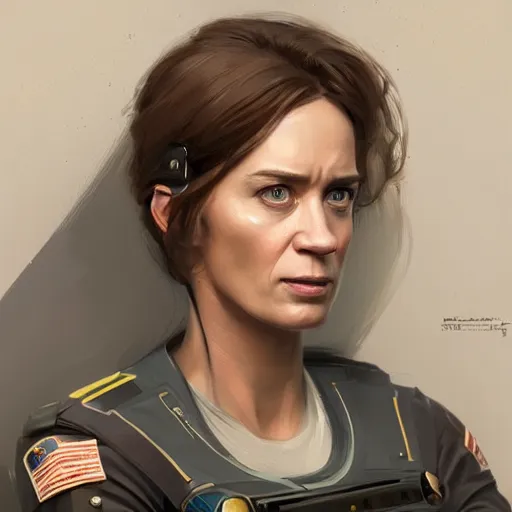 Image similar to portrait of a woman by greg rutkowski, emily blunt as an space engineer, she is about 4 0 years old, wearing a utilitarian jumpsuit, highly detailed portrait, digital painting, artstation, concept art, smooth, sharp foccus ilustration, artstation hq
