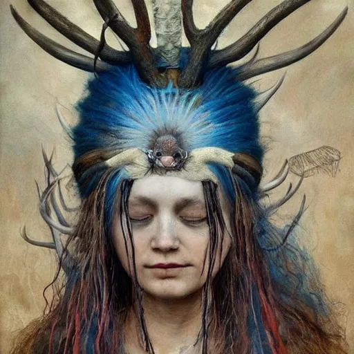 Image similar to A young female shaman blindfolded with a decorated headband like heilung, blue hair and antlers on her head, made by Esao Andrews and Karol Bak and Zdzislaw Beksinski