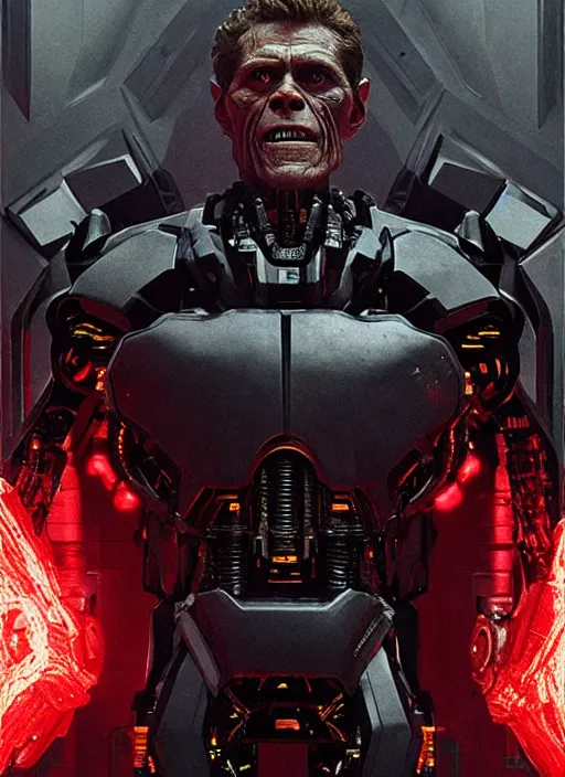 Image similar to willem dafoe as victor stone, full body concept, cyborg, borg, strogg, face of a man, terminator, flesh, quake strogg, doom demon, wolfenstein, monstrous, powerful, symmetry, symmetrical, concept art by ruan jia and greg rutkowski