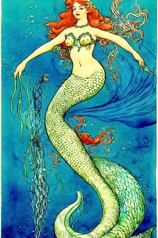 Image similar to mermaid with two eel tails underwater, fantasy art, trending on artstation, little mermaid fairytale, art by hans zatzka and walter crane and kay nielsen, watercolor illustration,