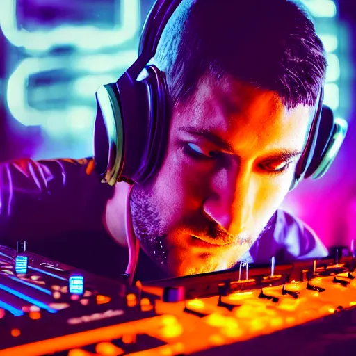 Image similar to electronic dj portrait, dj performing live streaming to online, cyberpunk 2 0 7 7, cyberpunk, photorealistic, ultra detailed, neon, octane, bokeh, cinematic lighting, cyber, cyberpunk city, headphones, studio quality, feature, scars, cyberface, 8 k