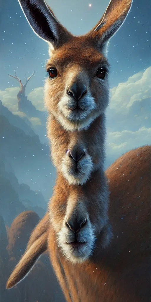 Image similar to Highly detailed portrait of a Kangaroo wearing a Crown, Stephen Bliss, unreal engine, fantasy art by Greg Rutkowski, Loish, Rhads, ferdinand knab, Makoto Shinkai and Lois van baarle, ilya kuvshinov, rossdraws, Tom Bagshaw, alphonse mucha, global illumination, radiant light, detailed and intricate environment