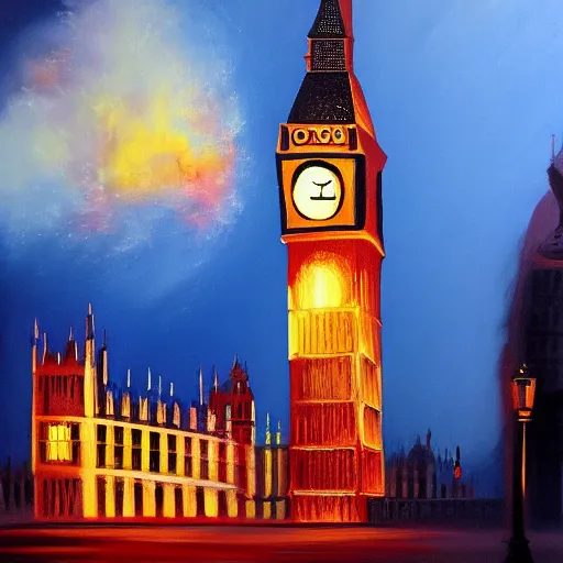 Image similar to detailed, soft, dynamic painting of the Big Ben in flames, burning, arson, professional painting, at dusk