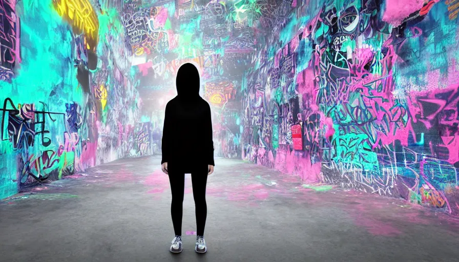 Prompt: portrait of a pretty young tech sport blindfold hooded asian woman standing in front of a wall of graffiti intricate volumetric octane render 3 d street art depicting dark monochrome neon fluorescent color abstract geometry in the style of wlop, mirrors edge, odeith